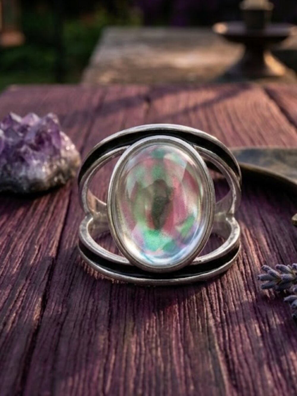 Aurora Crystal Silver Split Shank Oval Statement Ring Whimsigoth Celestial Sz 7